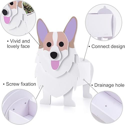 Miniatura 4 de Twohua Macetas de madera para perros con forma de animal de 14 pulgadas 2024, maceta de jardín para suculentas, diseño de perros lindos para