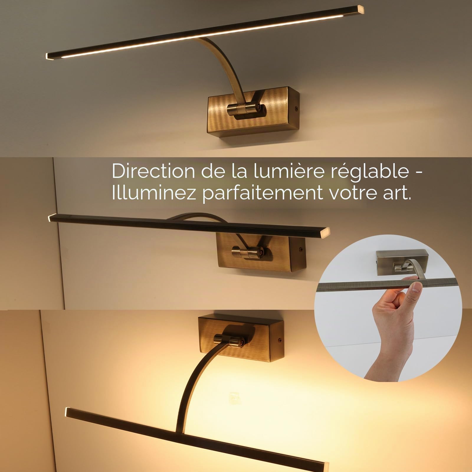 Alpinaluz Applique murale LED pour éclairage de tableaux, miroirs et meubles, 8 W, 455 mm, lumière chaude 2 700 K, angle réglable, acier avec finition bronze vieilli, driver KGP intégré