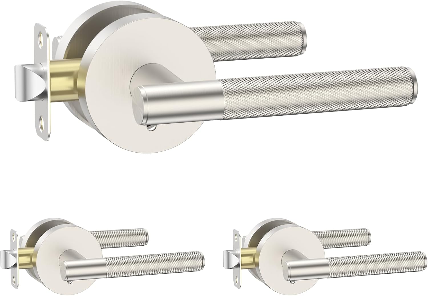 Amerdeco 3 Pack Brushed Satin Nickel Door Handles Interior, Knurled Privacy Door Handles,Heavy Duty Black Door Lever for Bedroom or Bathroom,Reversible Keyless for Left Right Handed Doors AM0016