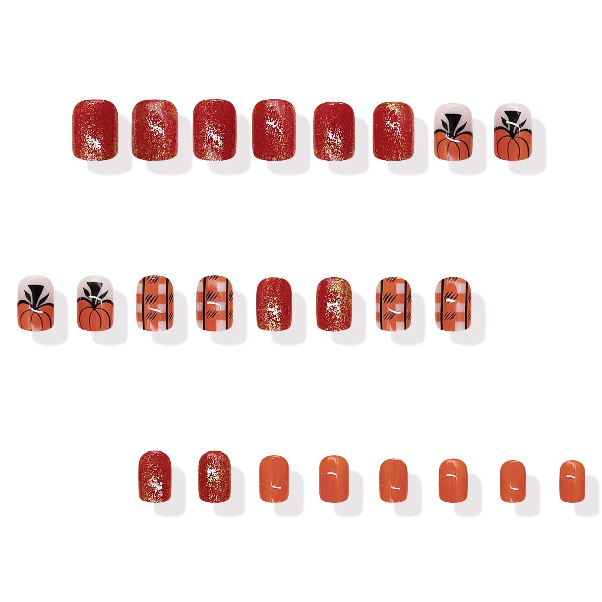 Orange Press on Nails Short Square Holiday Thanksgiving Fake Nails with Pumpkin Designs Brown Checkered Acrylic Nails Extra Short Glue on Nails Glitter Fall Stick on Nails for Women 24Pcs