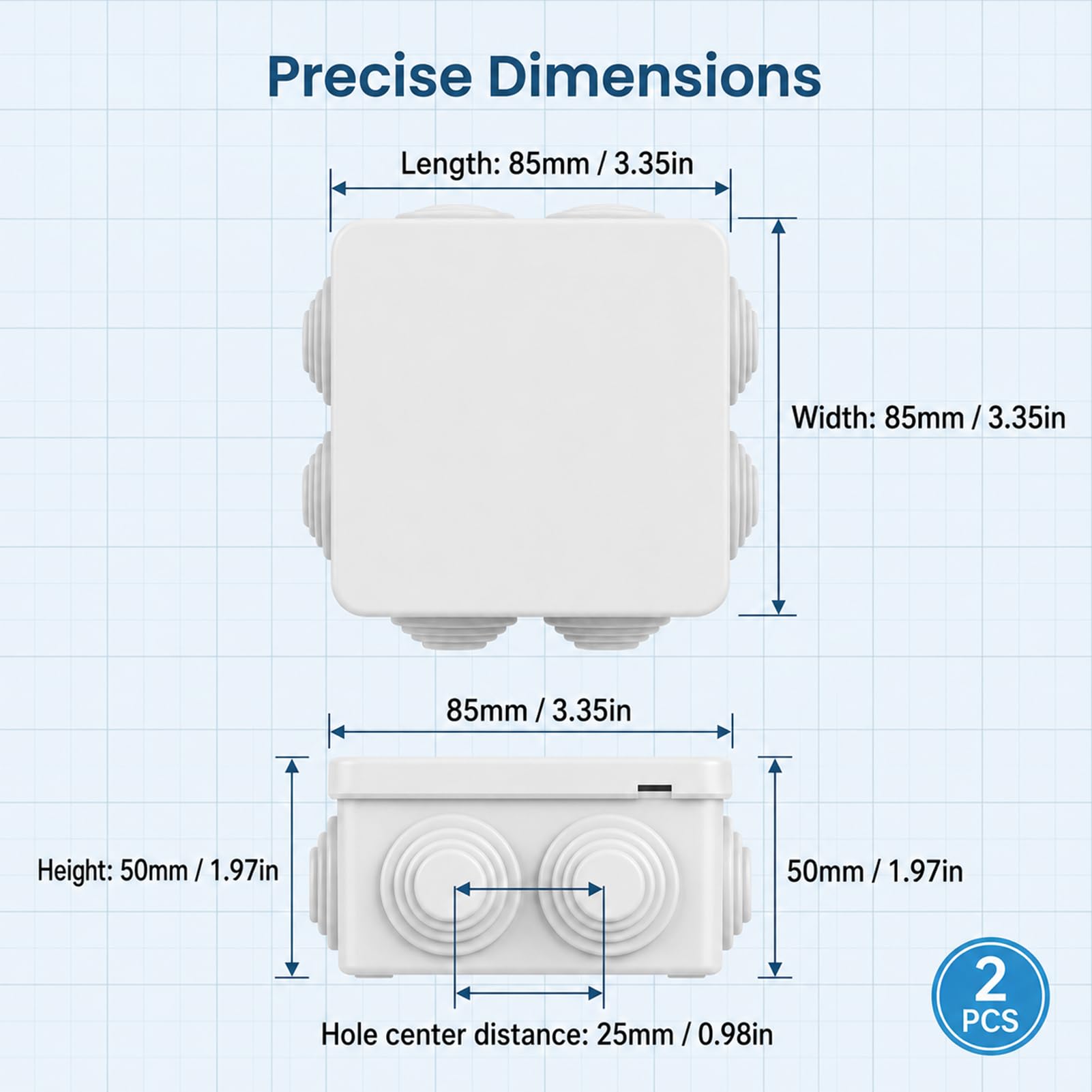 2 Stück Abzweigdose Wasserdicht IP65, Verteilerdose Aufputz 100 x 100 x 70 mm Elektrogehäuse aus ABS Kunststoff mit Dichtung Innen und Außenbereich Kabel Anschlusskasten Schutzbox Elektroinstallation