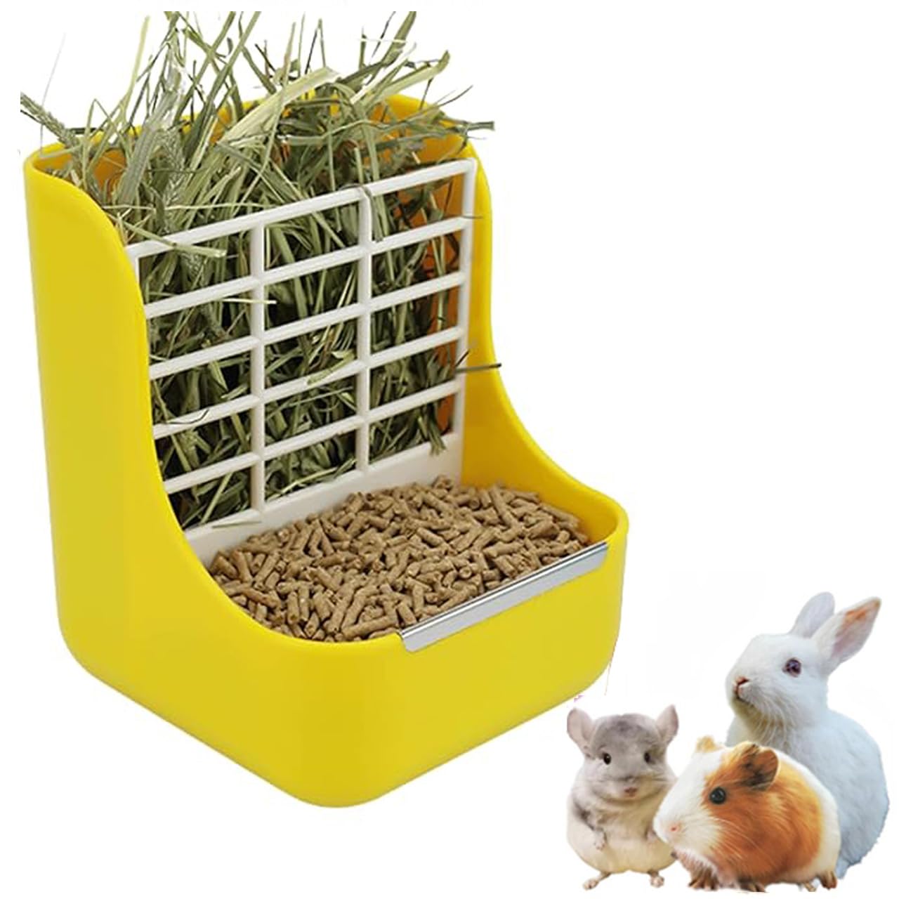 ZYYRSS 2 in 1 Food Hay Feeder for Guinea Pig, Rabbit Feeder, Indoor Hay Feeder for Guinea Pig, Rabbit, Chinchilla, Feed Bowls Use for Grass & Food (Yellow)