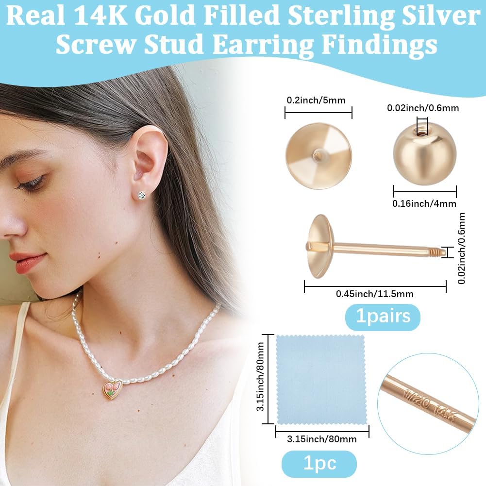 Beebeecraft 2Pcs Pearl Cup Earring Post 14K Gold Filled 925 Sterling Silver Stud Earring Findings for Half Drilled Beads with Screw Round Backs