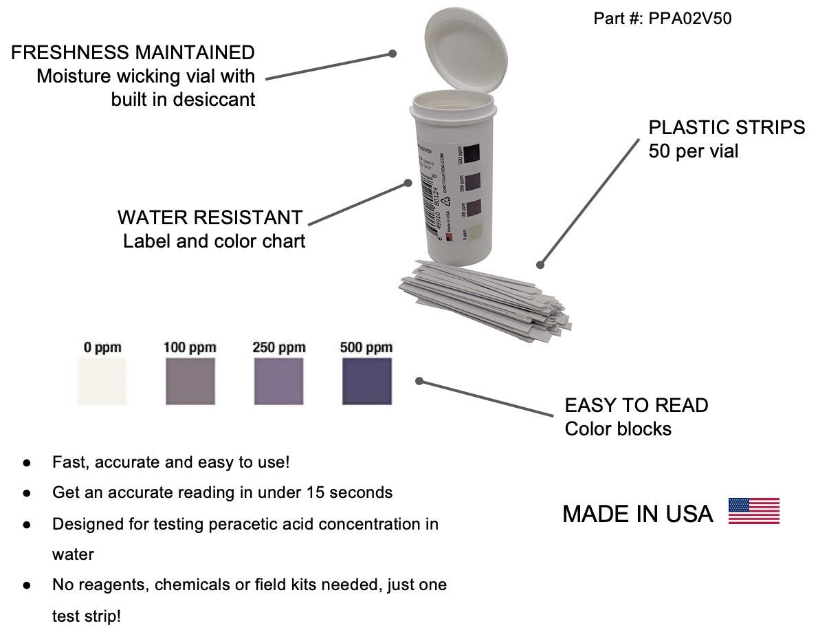 Peracetic Acid Test Strips, High Level, 0-1000 ppm [Vial of 50 Strips]