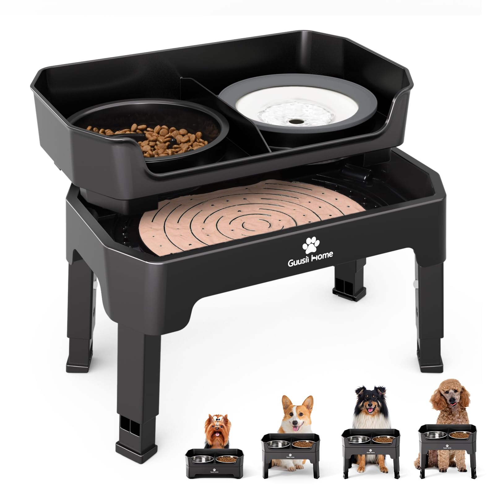 GUUSII HOME Comedero Perro Elevado Grande Bebedero Perro Soporte Cuenco Comederos Alto Para Grandes Elevador Bol Altura Ajustable 43.5*26.7*16/28.7/32.7/36.7cm 1600ml Acero Inoxidable Raised Dog Bowl