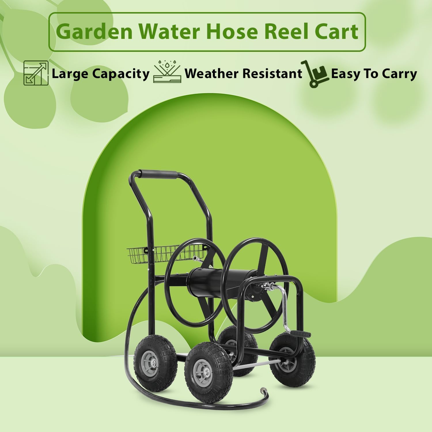 Heavy Duty 5/8’’ Garden Hose Reel Cart with Wheels – 300 ft Water Hose Holder for Outside, Portable Garden Hose Reel, Outdoor Hose Storage with Foam Handle & Storage Basket (Black)