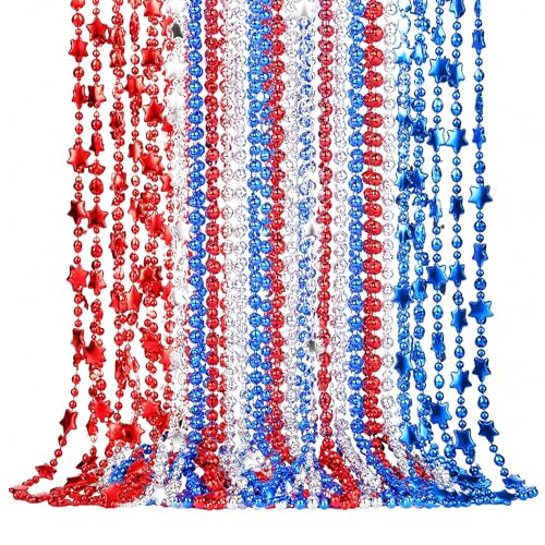 4th of July Beads Necklaces Bulk, 12 Pcs Patriotic Star Beaded Necklaces in Red, White & Blue, Independence Day Party Favors Decor Supplies, Memorial Day & Veterans Day Accessories