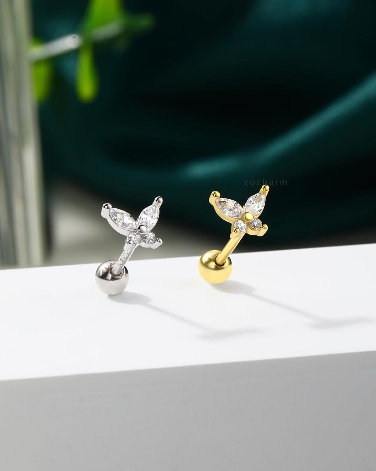 COCHARM 925 Sterling Silver Cartilage Stud 20g Tragus Earrings Butterfly Helix Earrings Forward Helix Stud Conch Piercing Jewelry for Women