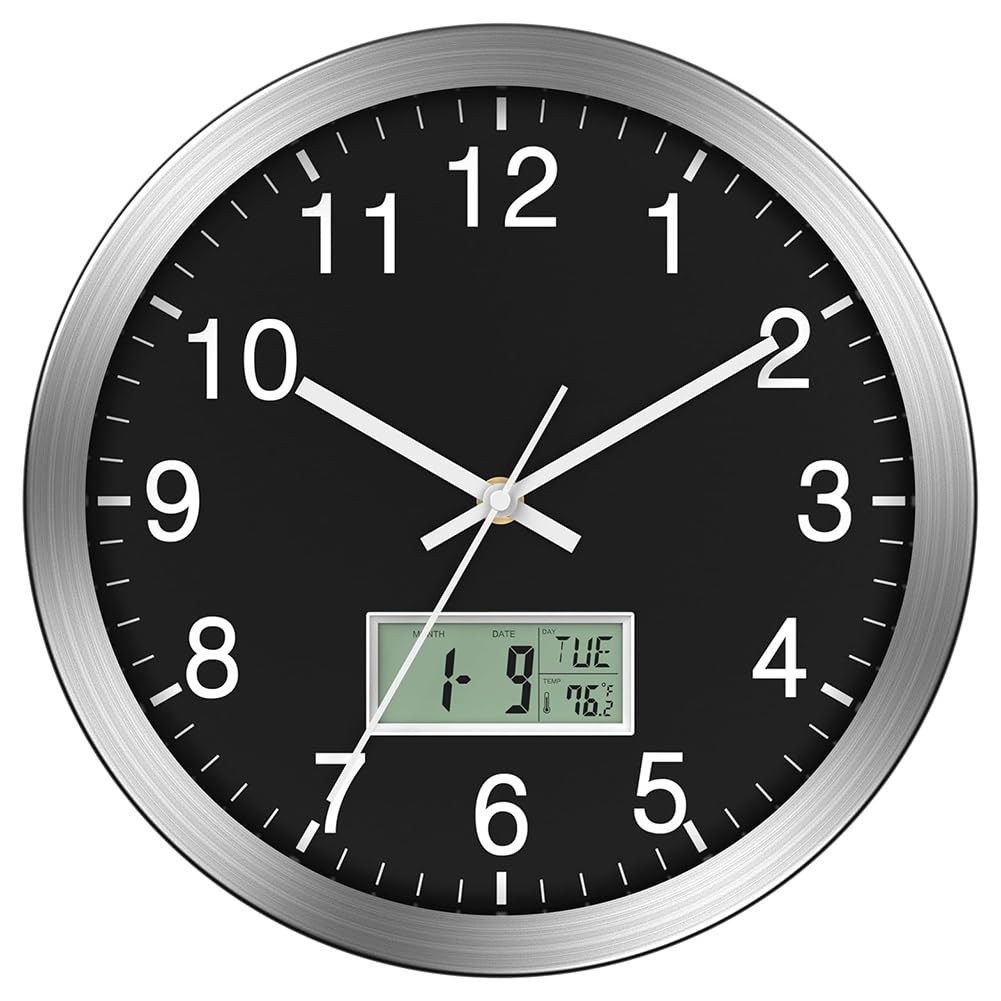 Horloge murale 12 pouces à piles avec dateur et température pour salon