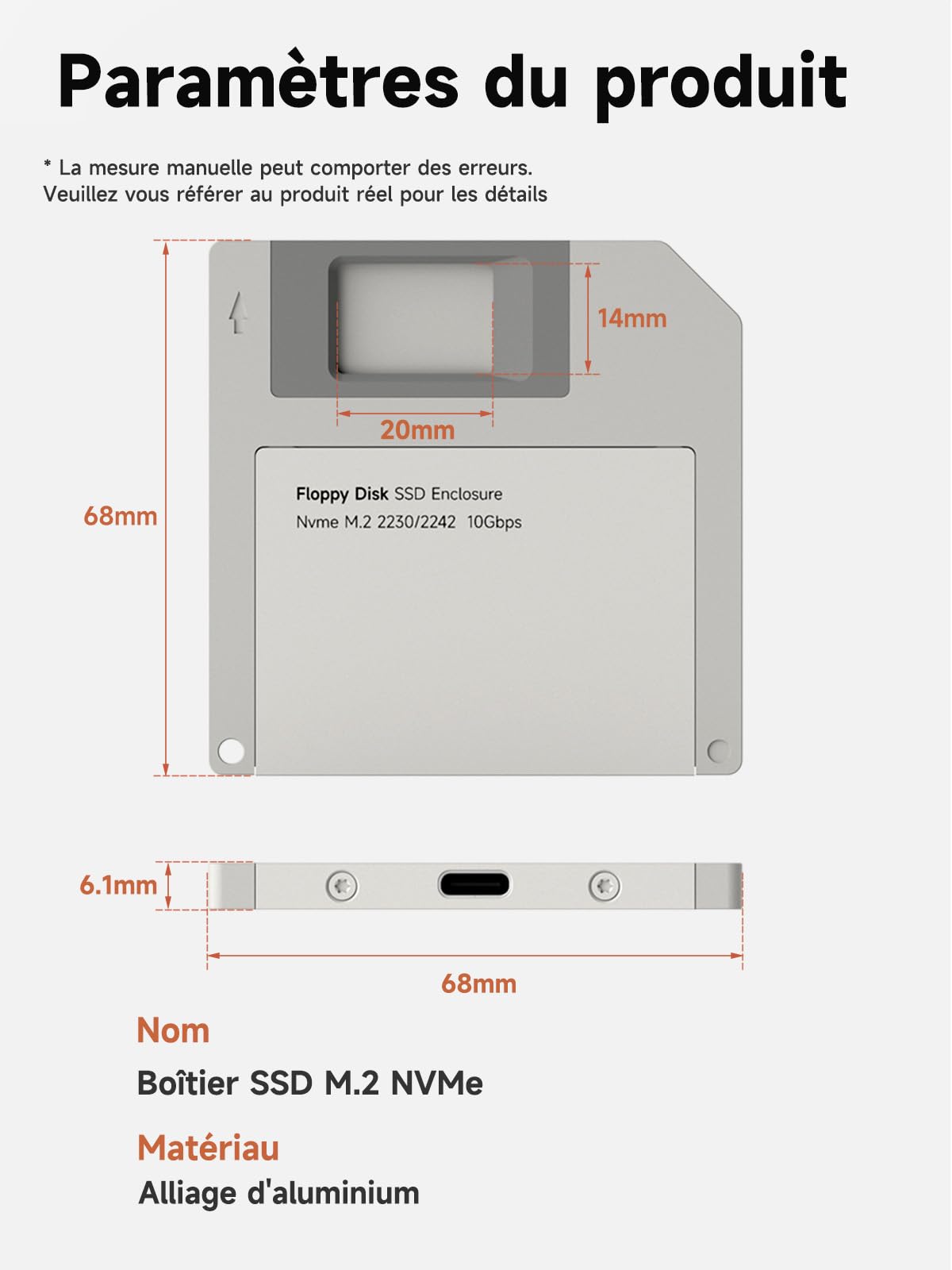 Hagibis Boîtier SSD Style Disquette USB 3.2 Gen2 10 Gbit/s vers NVMe PCI-E M.2 2230/2242 SSD, boîtier de Disque Dur Externe M.2 pour MacBook, Ordinateur Portable, iPad, Android, iPhone 17 Pro Max