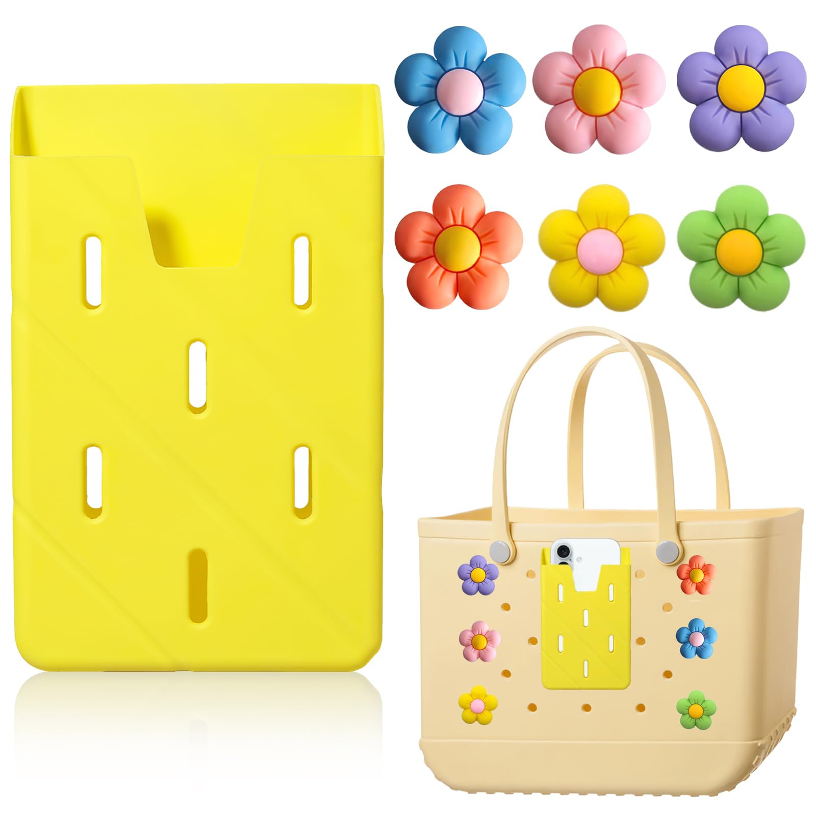 ONEPEACE Slicone Phone Holder for Bogg Bag & Flower Decorate Charm, All-Compatible Cell Phone Case Holder Charms for Beach Tote Bags (Yellow)