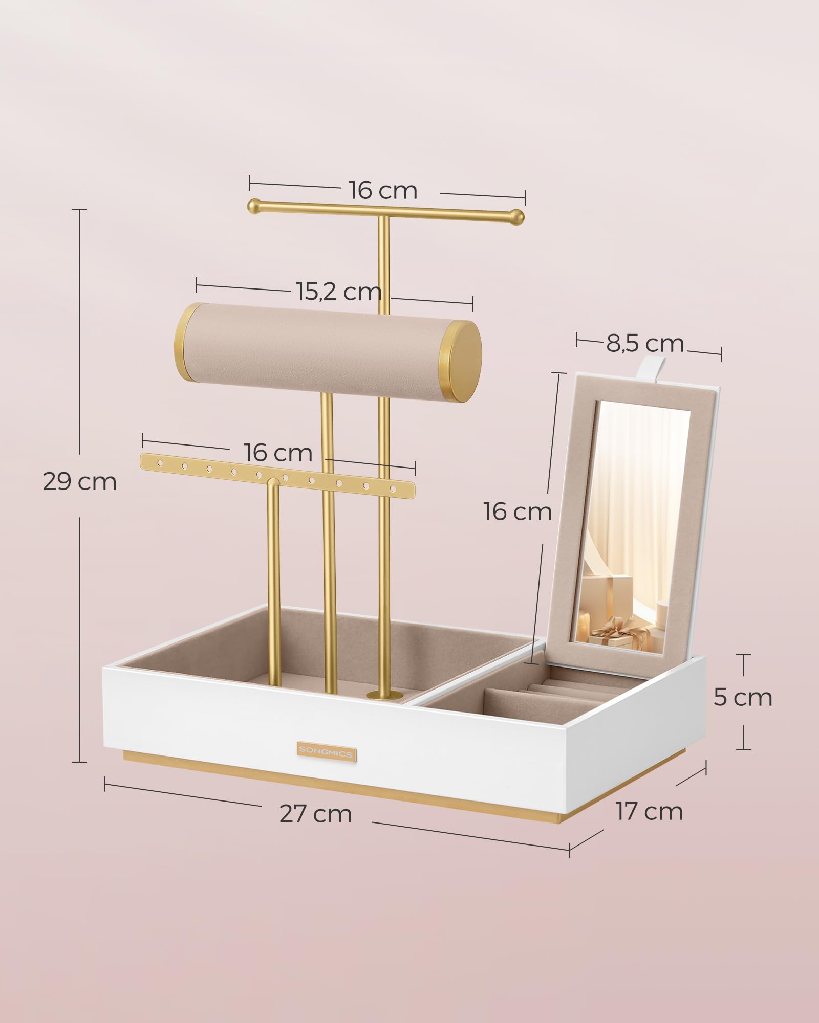 SONGMICS Porte-bijoux, Organisateur de Bijoux, Support Accessoires, en Métal et Bois, pour Colliers, Bracelets, Boucles d'oreilles, Bagues, Blanc et Doré JJS022W01