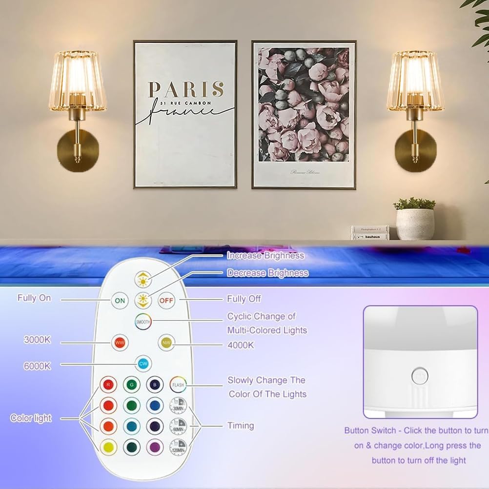 AoLa 2 Lampade da parete in cristallo senza fili batteria ricaricabile da 2000mAh, Luci da parete vintage senza alimentazione elettrica RGB dimmerabile con telecomando lampada da comodino,D'oro