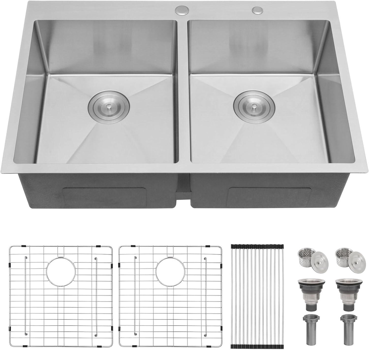 33x22 Inch 50/50 Double Bowl Drop In Kitchen Sink 16 Gauge 33 Inch Stainless Steel Kitchen Sink Top Mount with Grid and Accessories