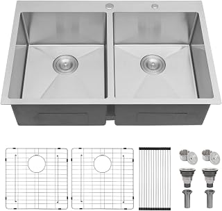 SHACO 33x22 Inch 50/50 Double Bowl Drop In Kitchen Sink 16 Gauge 33 Inch Stainless Steel Kitchen Sink Top Mount with Grid and Accessories