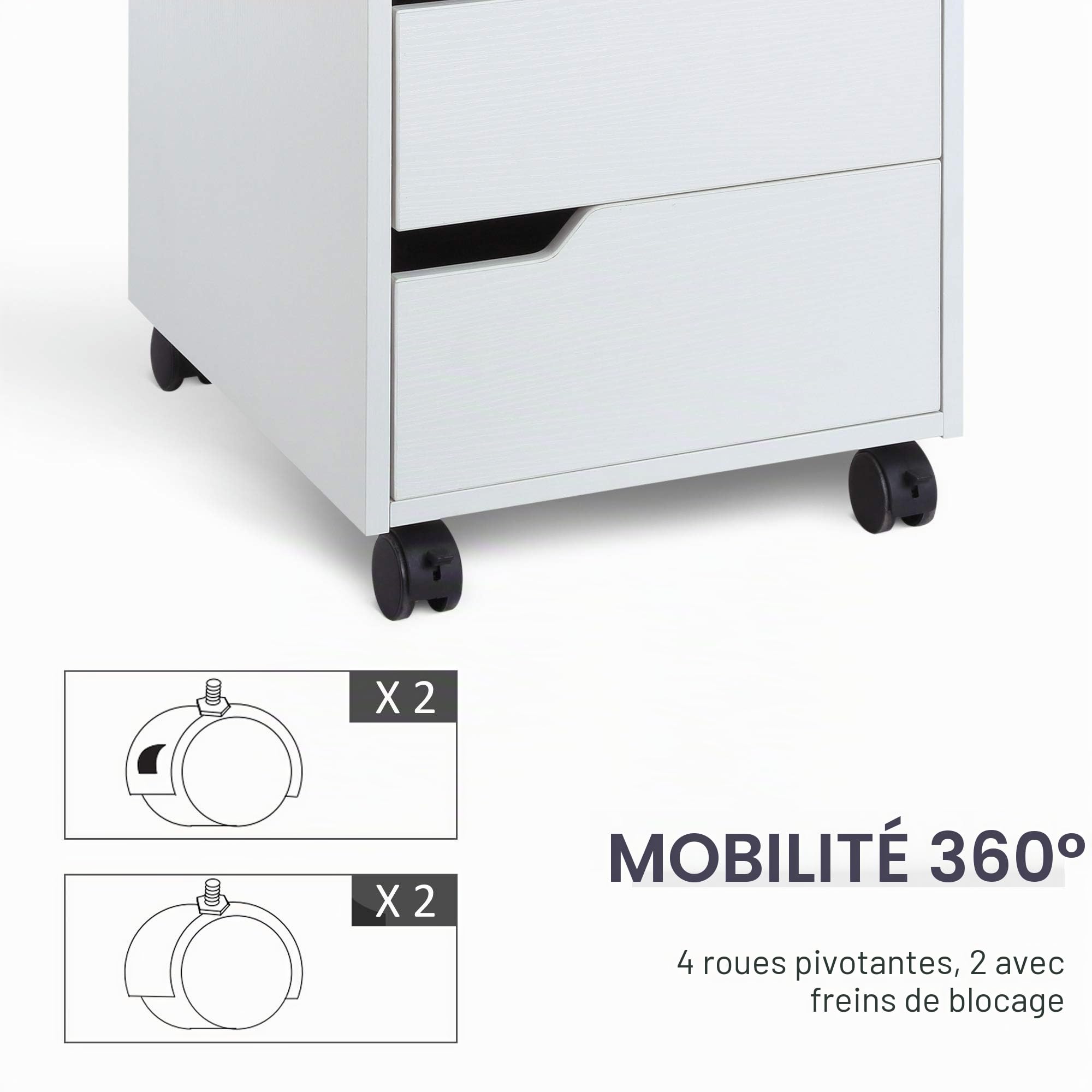 Caisson de bureau rangement sur roulettes 3 tiroirs verrouillables 40 x 50 x 57,5 cm MDF blanc