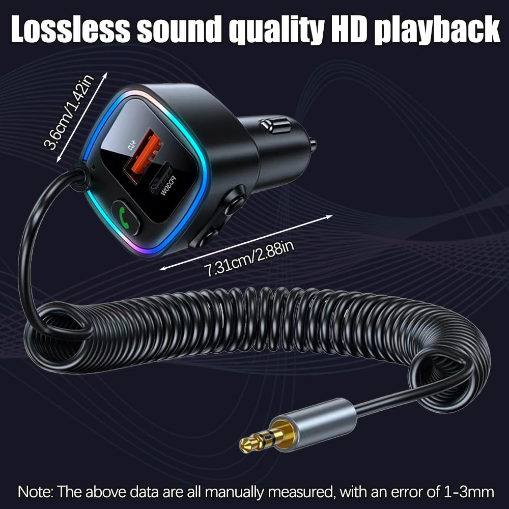 Bluetooth Adapter Auto Aux 5.4 FM, Transmitter Auto Bluetooth, USB C Adapters Autos Zigarettenanzünder mit Spiralkabel Klinke 3.5mm, AutoLadegerät 42W (PD 30W&QC 12W)