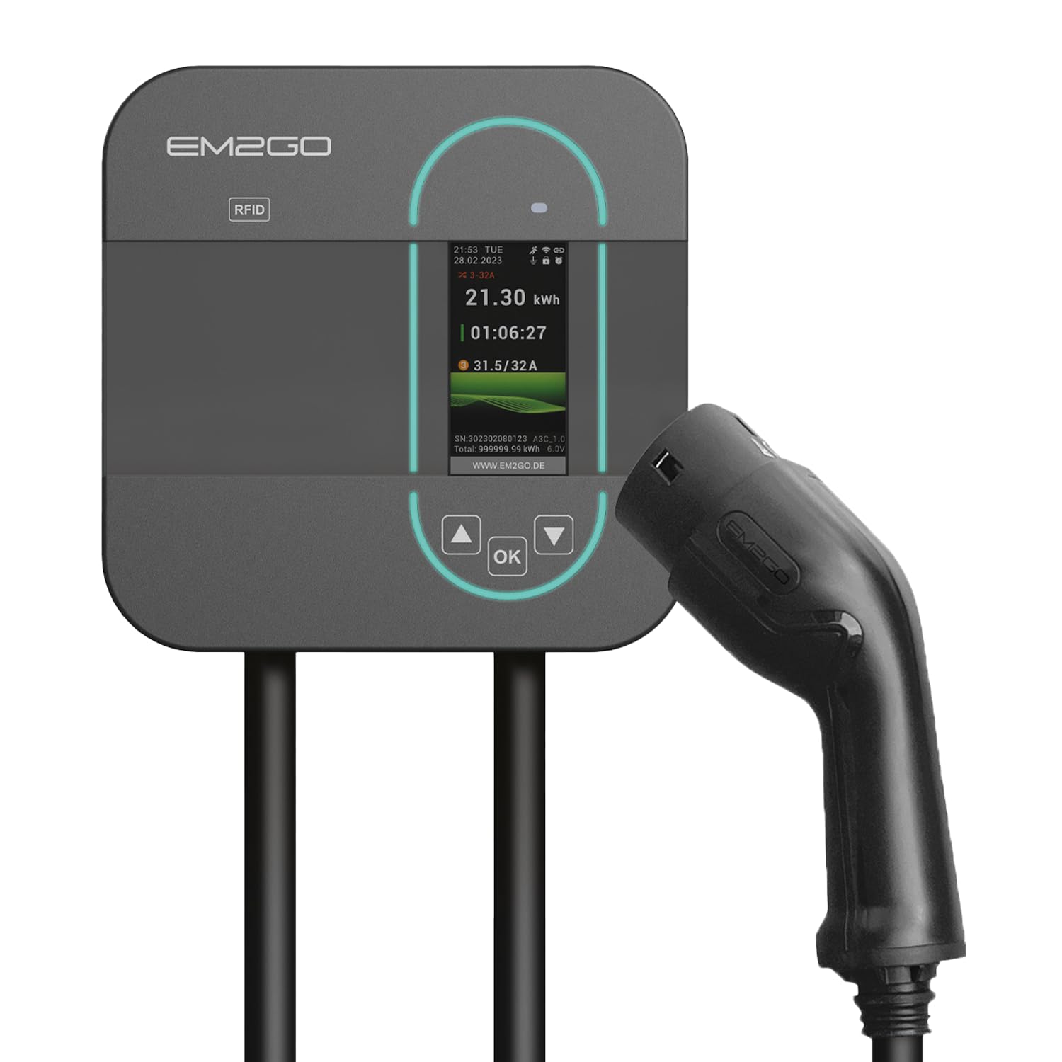 EM2GO Wallbox 11kW Home Power – EV-Ladestation mit 16A CEE Adapter, 6,5 m Typ 2 Kabel, App, RFID, WLAN, ModBus TCP