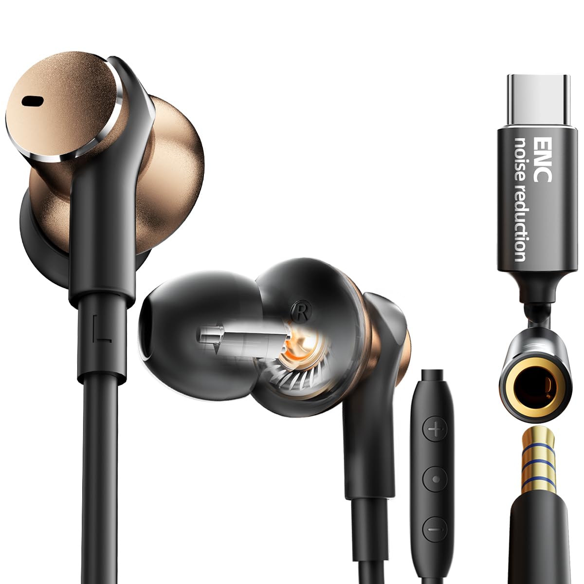 Écouteurs filaires riches avec suppression du bruit et appels téléphoniques (1DD + 1BA) - Écouteurs intra-auriculaires à double pilote - Amplification des basses profondes immersives - Écouteurs