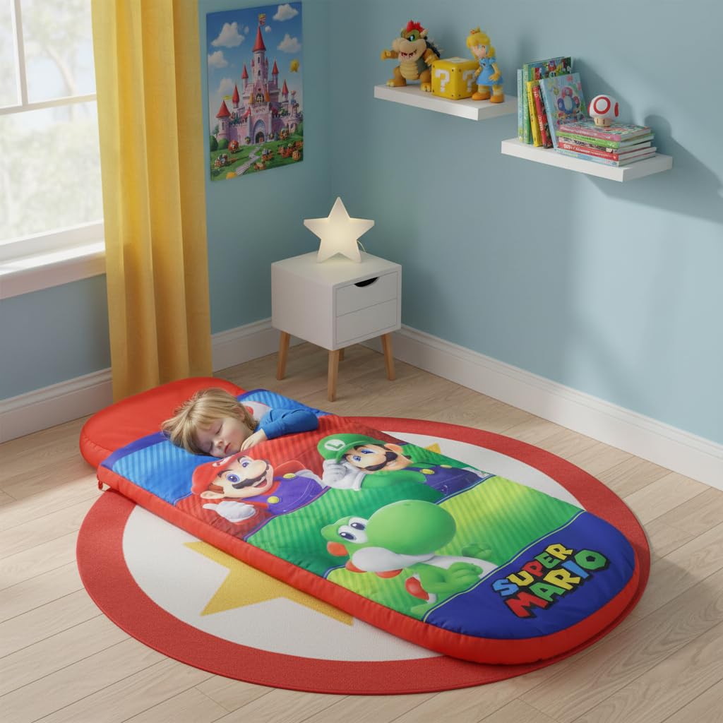 Nintendo Offiziell lizenzierte ReadyBed Luftmatratze | Aufblasbares Kinderbett mit integrierter Schlafsackfunktion und Pumpe | Design „Squad“ | Perfekt für Reisen, Camping oder Zuhause