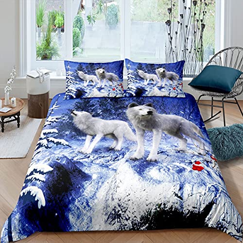 feelingyou Juego de ropa de cama infantil de invierno con diseño de lobo, 200 x 200 cm, diseño de animales de lobo blanco, 3 unidades, con cremallera, microfibra