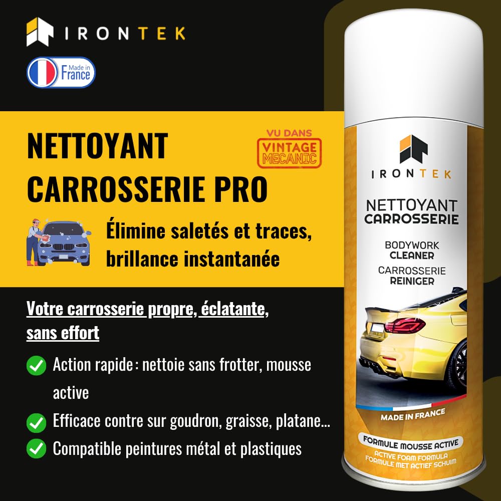 Nettoyant Carrosserie 500ml - IRONTEK | IT231 | Goudron Graisse Pollution Platane | Aérosol Dégraissant | Solvants Naturels | Aucune Trace