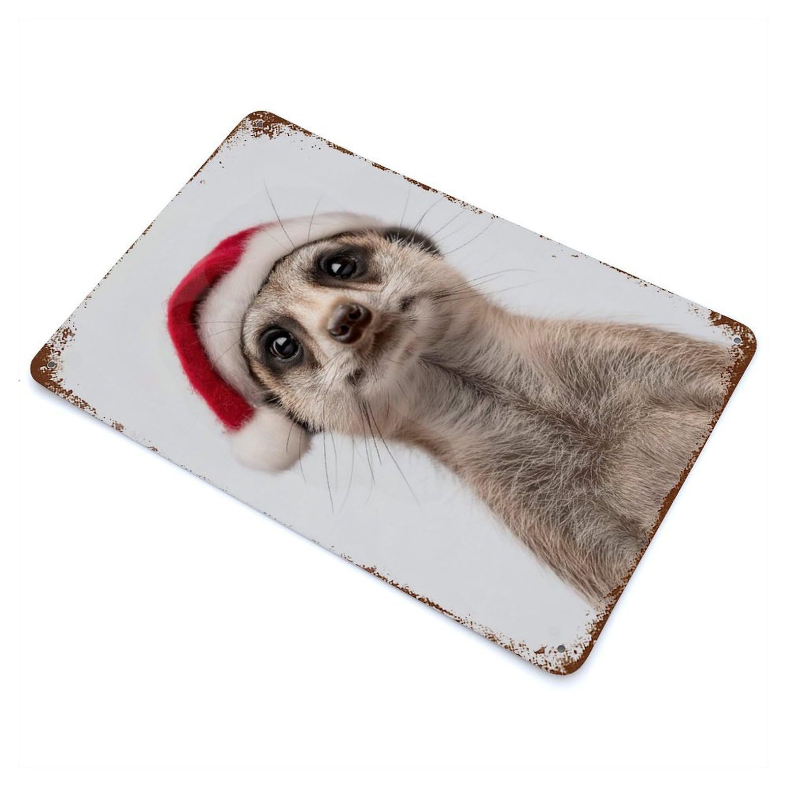Distressed Metal Wall Sign with Christmas Meerkat Wearing A Santa Hat Design 11.8"x7.9", for Shed, Workshop And Garage Wall Decor, Decorative Metal Wall Art