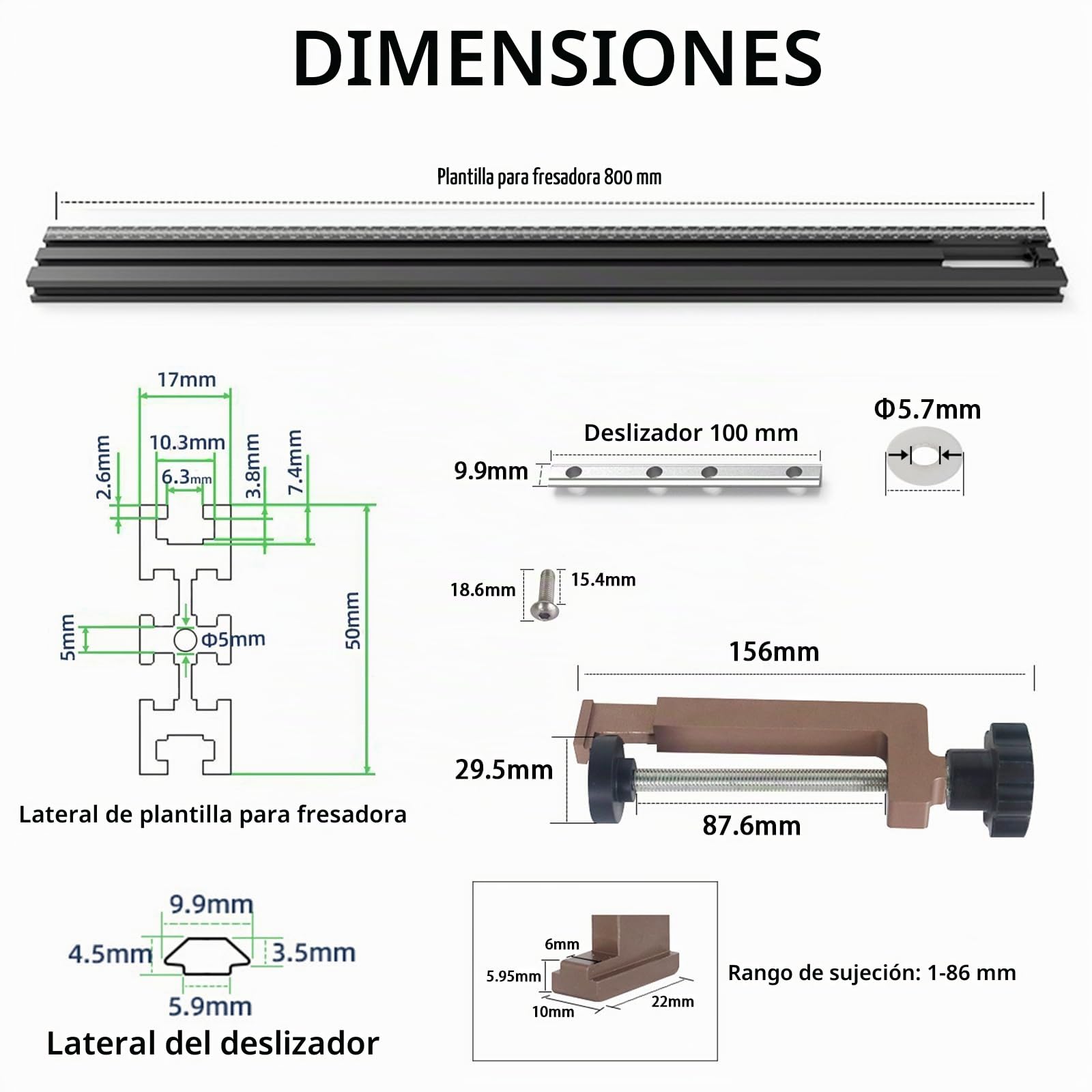 4 piezas Plantilla de fresado ajustable 800mm, Guía de fresado y plantilla para fresadora de mano, accesorio de madera (incluye 2 abrazaderas metálicas en G)