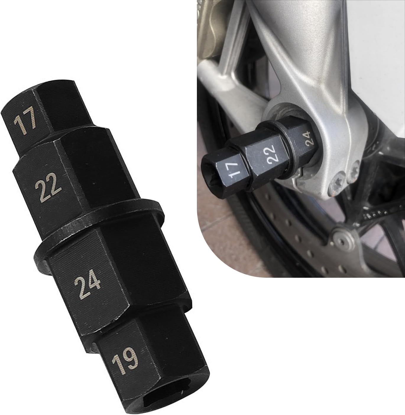 Hex Axle Tool for Motorcycle Front Rear Wheel, 45# Steel Hex Spindle Socket Adapter Tool with 17mm 19mm 22mm 24mm, Hex Socket for Axle, Universal Spindle Socket Driver for Motorcycle (Black)