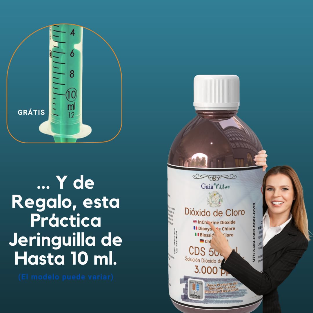Gaia Vitae - CDS 3000 ppm – 500 ml Cristal Ámbar con Jeringa Estéril 10 ml – Solución Activada 0,3% en Agua Ultrapura