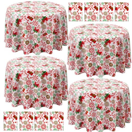 Ganeen 12 Pcs Christmas Candy Cane Tablecloth Round Plastic 84in Disposable