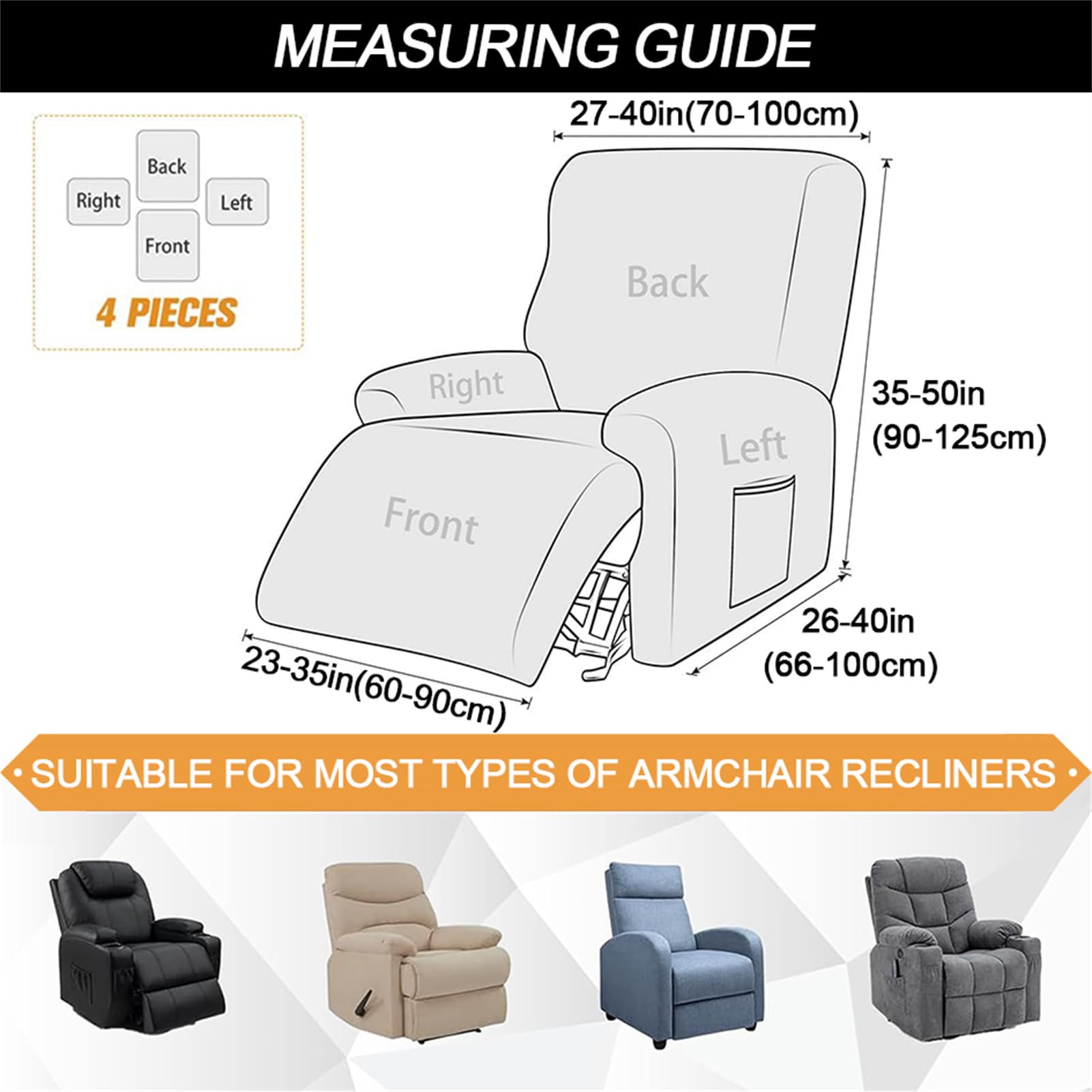 Housses de Fauteuil Relax Inclinable avec Poches, 4 Pièce Housses Extensibles Imprimées pour Chaise Inclinables, Protecteur de Meubles Antidérapant (A15)