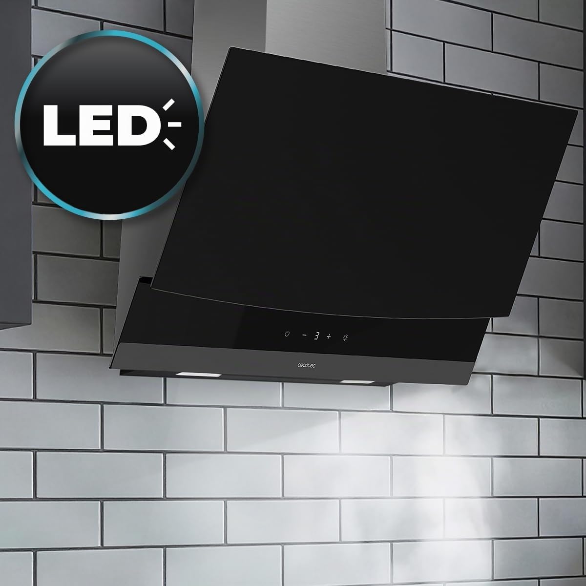 Cecotec Cappa Aspirante 90cm Decorativa Bolero Flux DT 904400 Matt Black A+++. Aspirazione 416,5m³/h, 3 Velocità, Basso Consumo, Motore DC, Controllo del Movimento e Touch, Vetro Opaco, Corpo Inox
