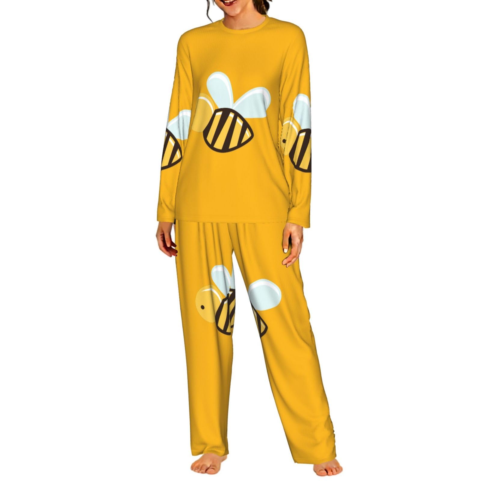 Pigiama da donna a maniche lunghe con stampa di api dei cartoni animati Set pigiama per la casa relax quotidiano Comfort Nightwear