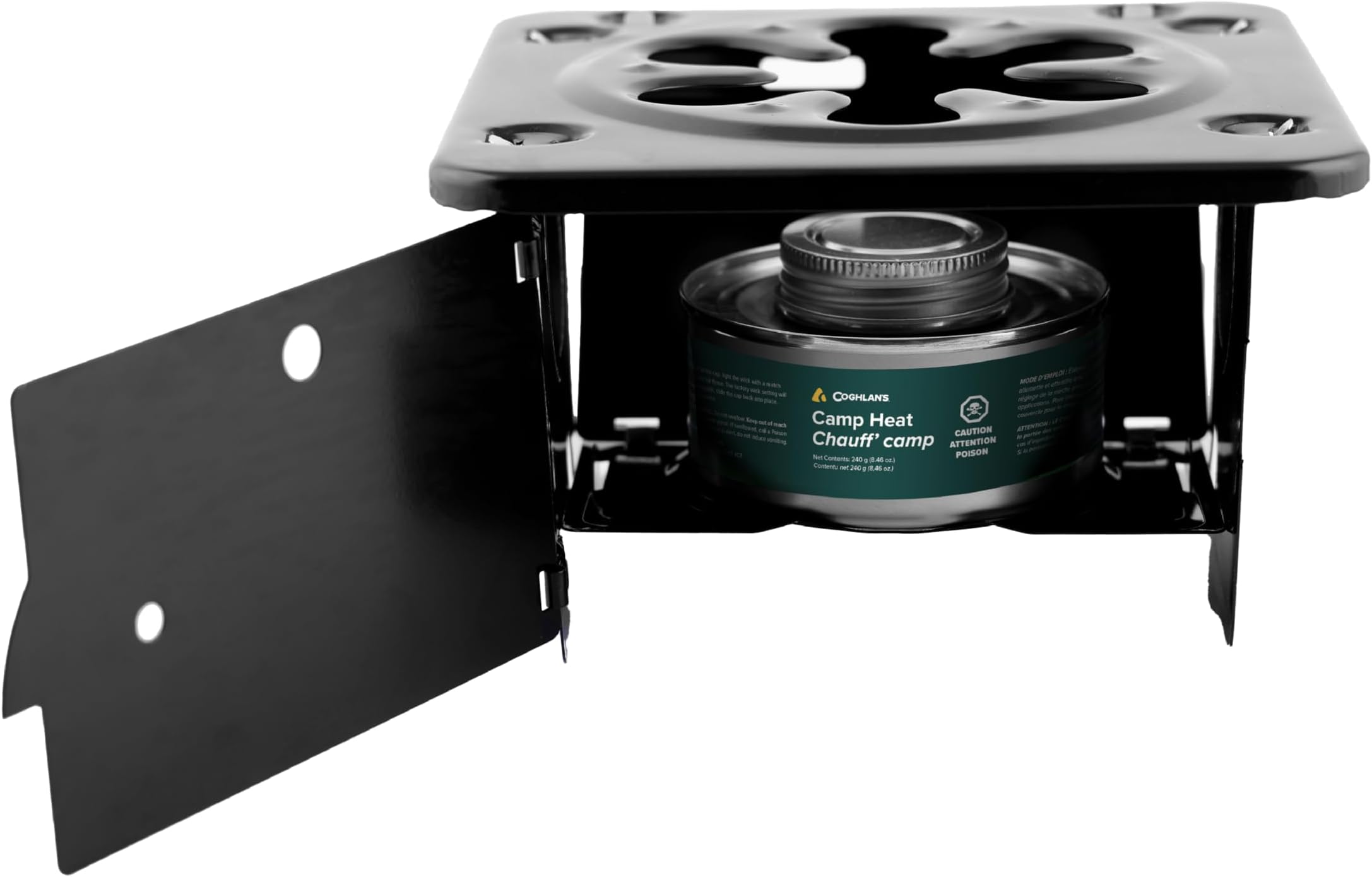 Coghlan’s Portable Folding Camp Stove – Compact, Lightweight Steel Cooking Stove for Camping, Backpacking, Hiking, or Emergency Use – Uses Canned Heat or Fuel Tablets, Black