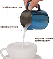 Vista 2 de Jarra de espuma de leche, jarra de vapor de café espresso de 12 onzas, accesorios para máquina de café capuchino de acero inoxidable, herramientas