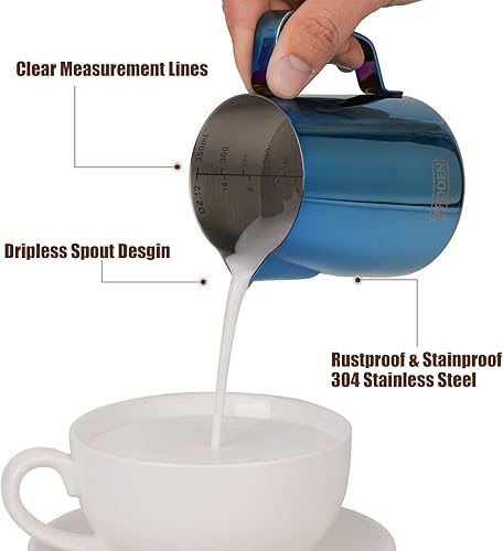 Miniatura 2 de Jarra de espuma de leche, jarra de vapor de café espresso de 12 onzas, accesorios para máquina de café capuchino de acero inoxidable, herramientas