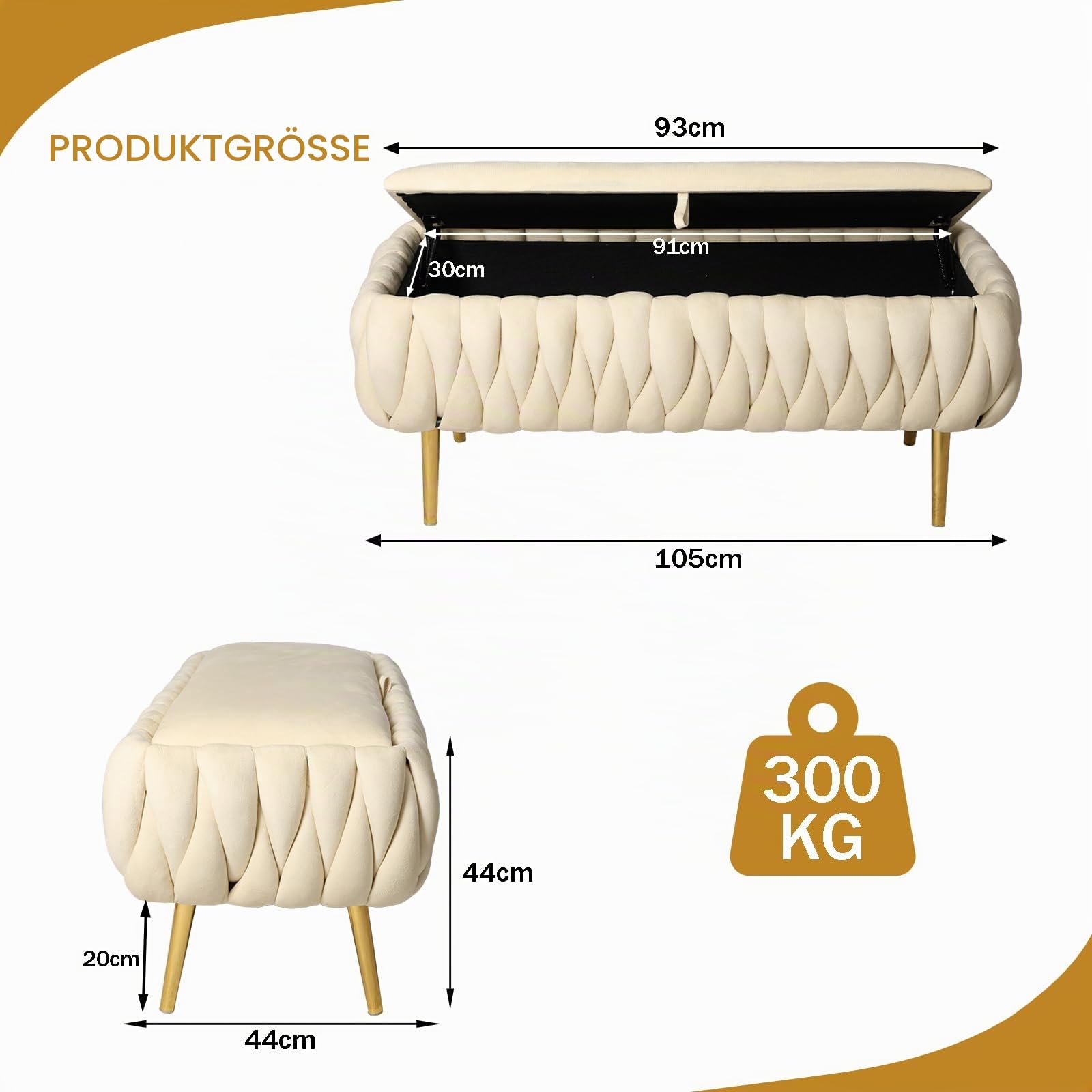 Hocker mit Stauraum, Pouf mit Stauraum, Flurbank, Sitzbank Stauraum, Aufbewahrungsbank, bis 300 kg Belastbar, Hockerbank für Wohnzimmer, Flur, Schlafzimmer (Weiß)