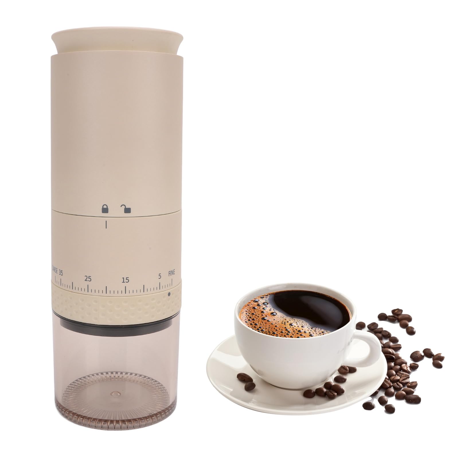 Molino de café eléctrico One Touch, 38 ajustes de molienda regulables, capacidad para 110 ml de café molido, molinillo de granos de café recargable por USB con cámara extraíble, (Beige)