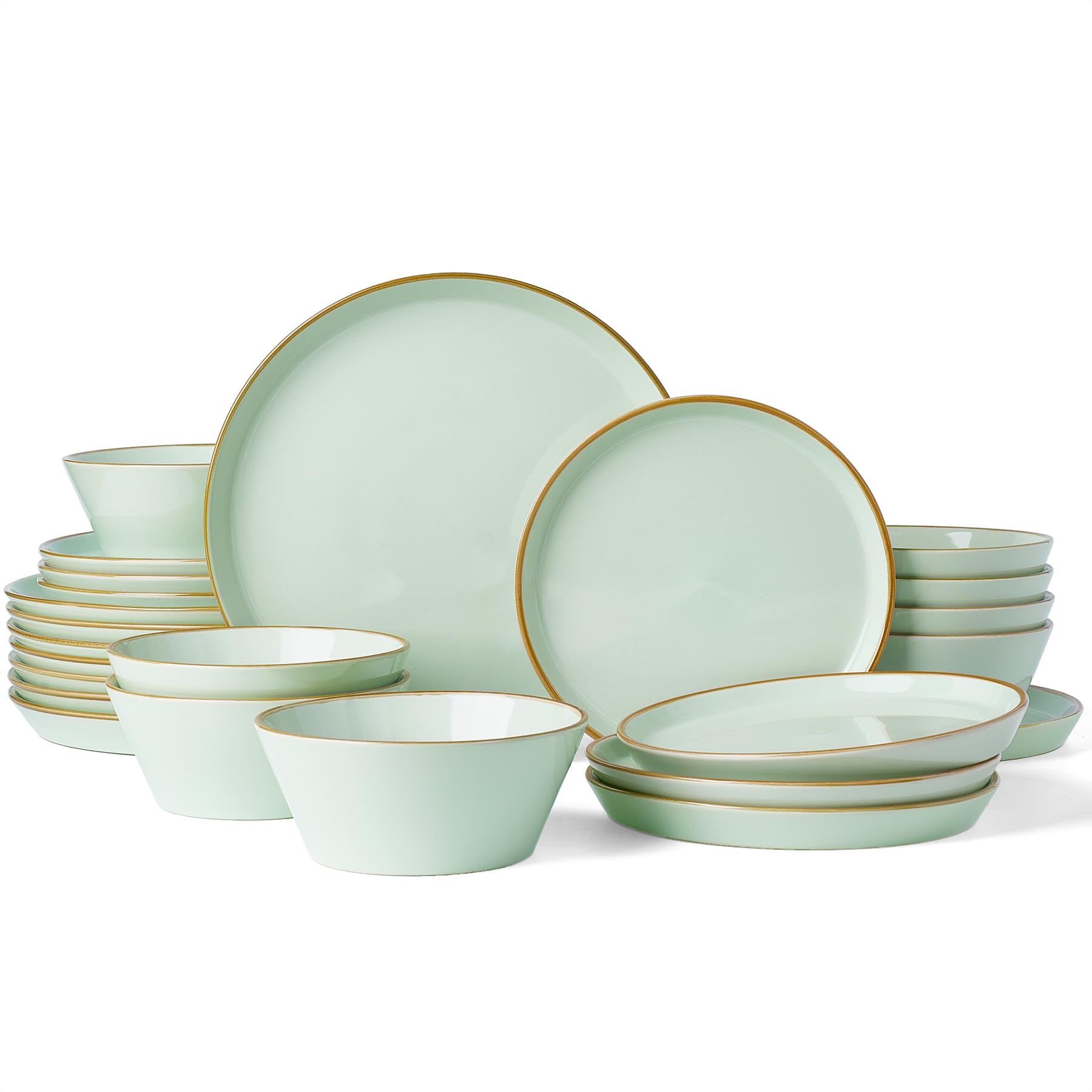 Famiware Saturn Stoneware Dishes Dinnerware Set for 8, Rimmed Plates, Bowls | Light Green…