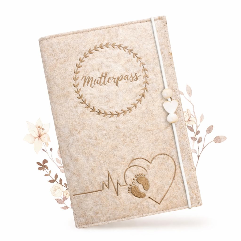 Premium Mutterpasshülle Filz Beige, Schutzhülle für deutschen Mutterpass, Geschenk für Mutter Schwangerschaft, Organizer Aufbewahrungs mit Fächern für Ultraschallbilder vom Baby, Versicherungskarte