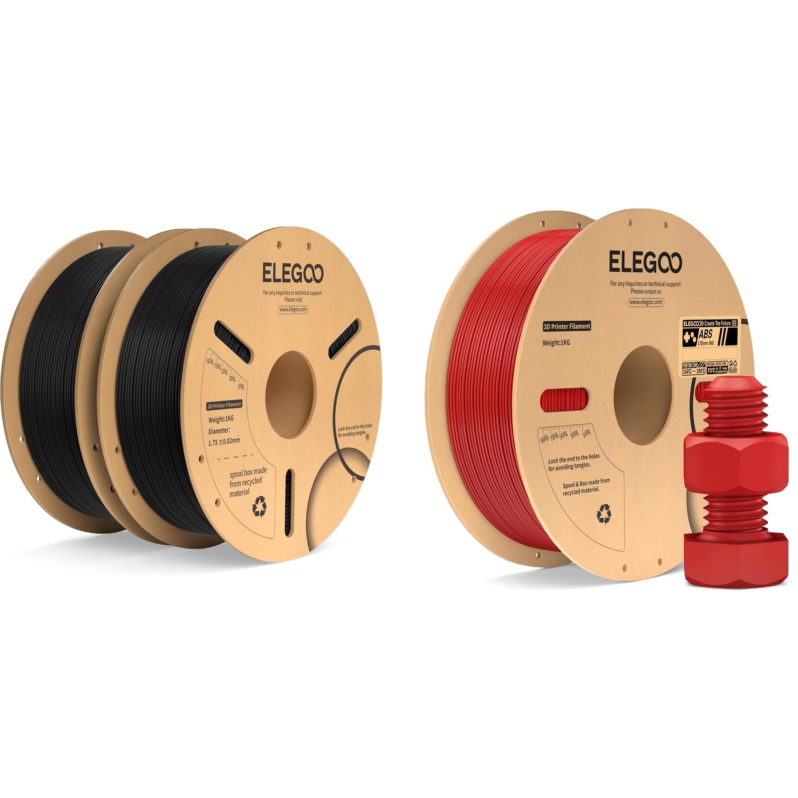 ELEGOO 1.75mm PLA+ Filament Schwarz 2KG & ABS Filament Rot 1KG