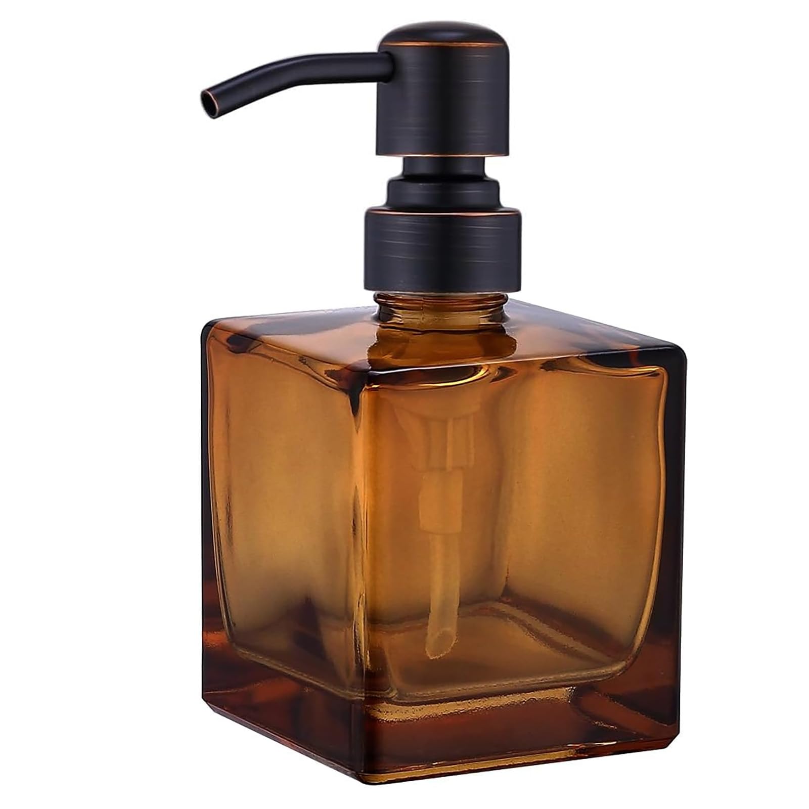 Photo 1 of Ximlike Square Bathroom Soap Dispenser Amber Bottle with Oil Rubbed Bronze Pump, Retangle Cube 8.4 oz Glass Bottles with Stainless Steel Pump Hand Liquid Soap Dispenser Kitchen
