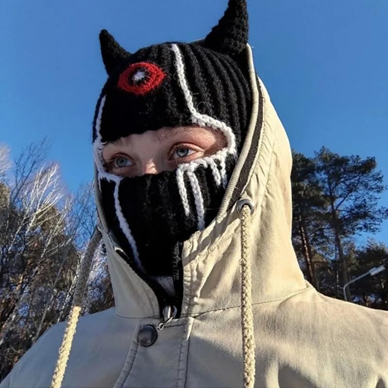 Funny Devil Horns Knitted Beanies Hat for Men Women Warm Balaclava Hat Full Face Ski Mask Hat - Image 2
