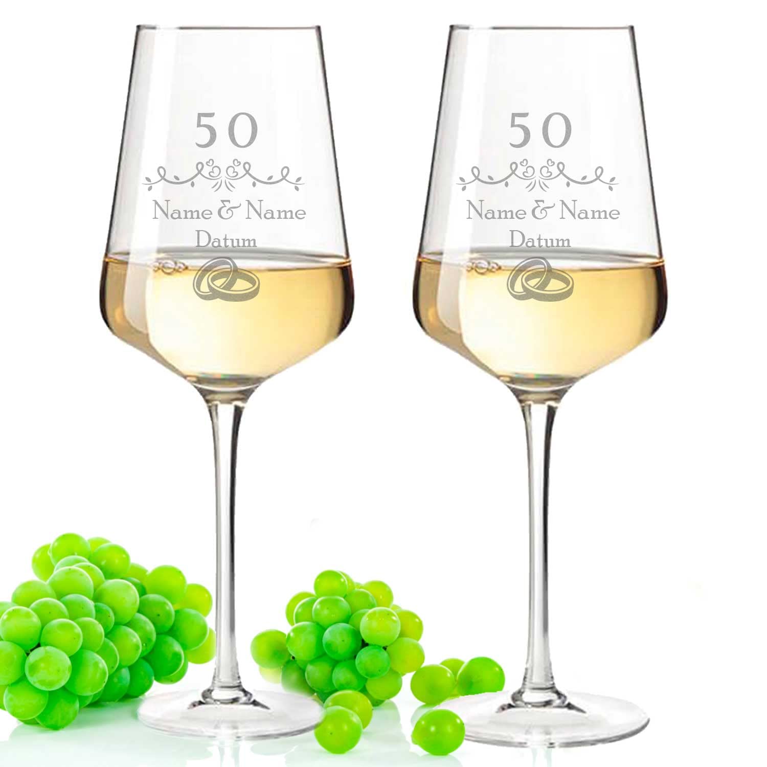 GRAVURZEILE Leonardo Puccini Weingläser mit Gravur - Goldene Hochzeit Design - Personalisiert mit Namen & Datum inkl. Holzkiste - Geschenk zur Hochzeit Verlobung Jahrestag - Farbe: Große Kiste UV