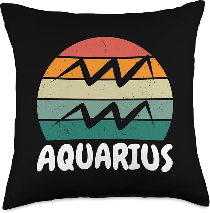 Retro Sunset Aquarius Symbol Zodiac Sign Birthday Astrology Throw Pillow