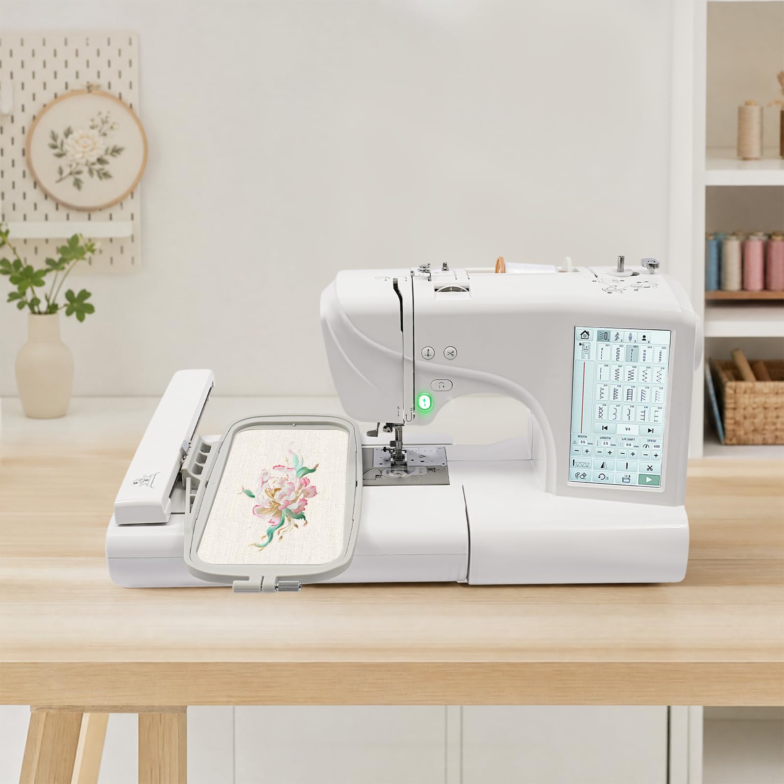 Machine à broder 2 en 1 et machine à coudre contrôlée par ordinateur, machine à broder avec pédale de pied, lampe LED, 2 cadres de broderie, écran tactile, motif de broderie 96 et patron de couture
