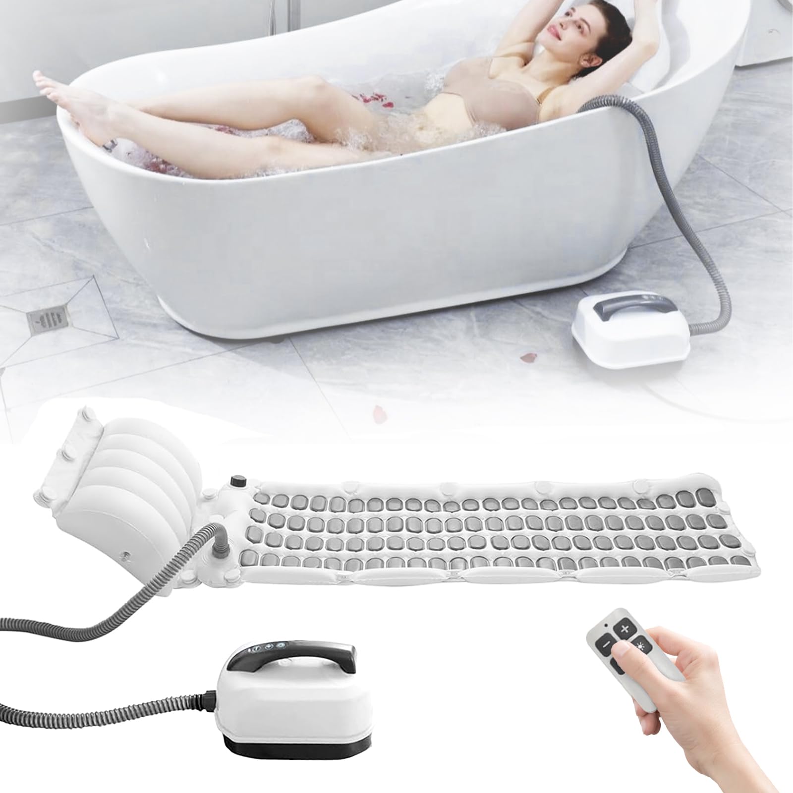 Alfombra Hidromasaje Bañera, Masajeador de Burbuja 6 Niveles de Intensidad Alfombrilla de Bañera Hinchable con 114 Chorros y Almohada Accesorio de SPA para Baño