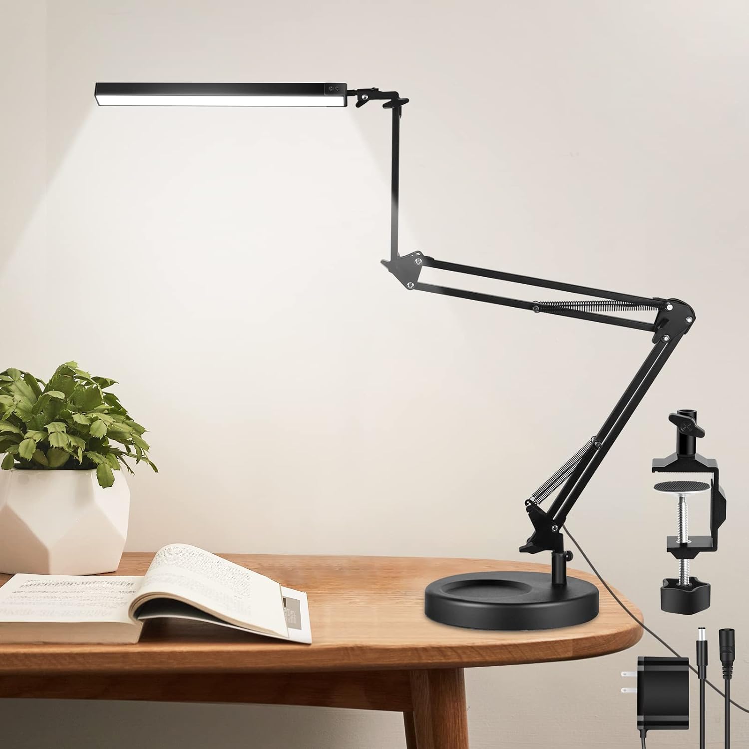 SAVSOO Lámpara de Escritorio LED con Abrazadera y Base, Brazo Oscilante Ajustable de 130cm