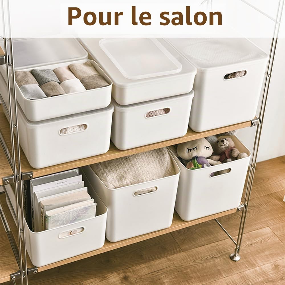 Lot de 8 boîtes de rangement avec 4 couvercles, panier rangement plastique | rangement avec poignées, boîtes de rangement multifonctionnelles pour cuisine, bureau, placard, salle de bain, jouets